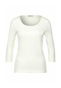 Hvid langærmet T-shirt lavet af glat stof, med en rund halsudskæring og tætsiddende design. Enkel og ensfarvet uden mønstre.