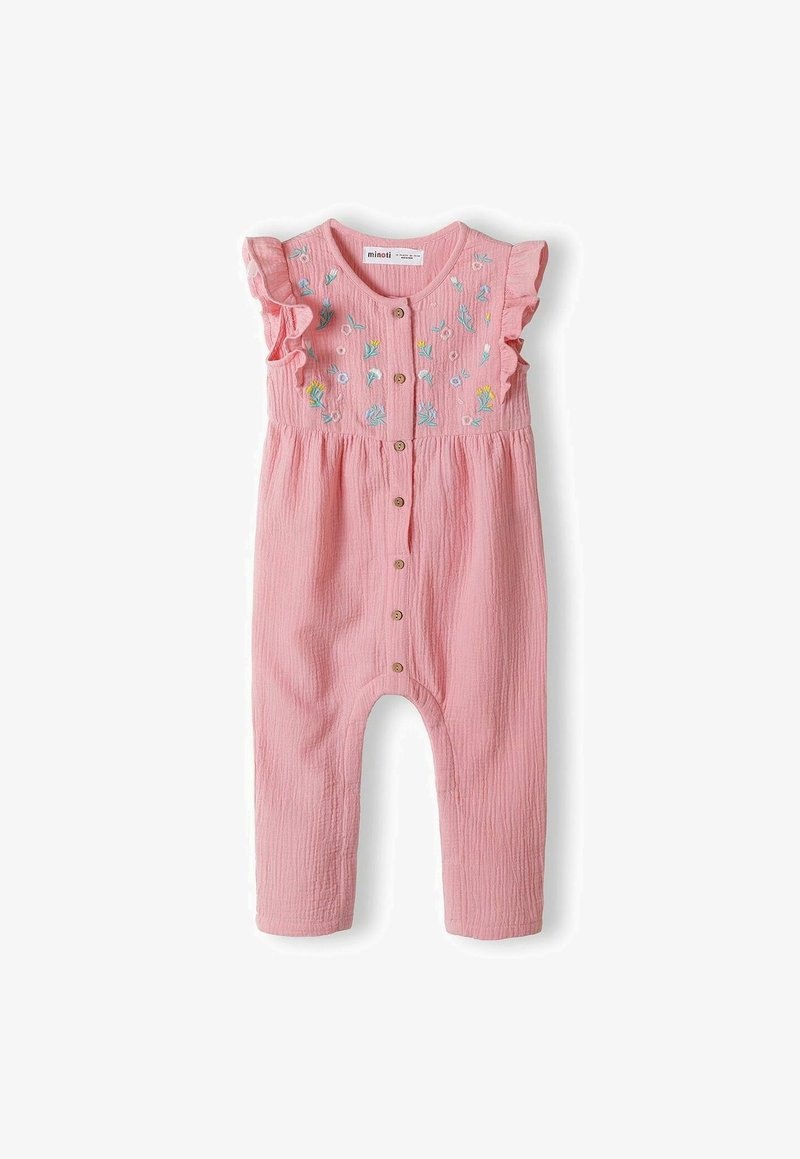 Rompers en coton rose avec des épaules à volants, des détails floraux brodés, des boutons sur le devant et une coupe décontractée. Tissu texturé avec une apparence douce.