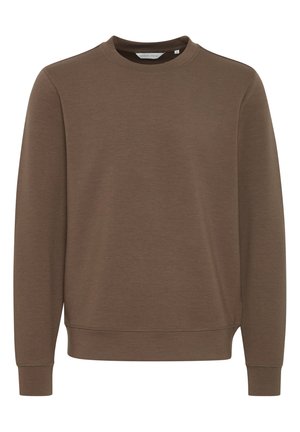 Brun sweatshirt med rund halsringning och långa ärmar, med en slät yta och ribbade ärmslut och nederkant. Inga logotyper eller mönster synliga.