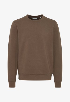Bruine sweatshirt met een ronde hals en lange mouwen, met een gladde textuur en geribde manchetten en onderrand. Geen logo's of patronen zichtbaar.