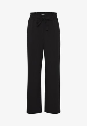 Juodos plačios kojų kelnės su elastingu juosmeniu, kuriame yra pintinė. Pagamintos iš minkštos medžiagos, lygios tekstūros ir be matomų raštų.