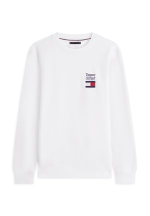 Baltas džemperis iš medvilnės mišinio, su mažyčiu siuvinėtu Tommy Hilfiger logotipu ir spalvų blokelių akcentu apačioje. Ilgos rankovės, apvalus kaklas.