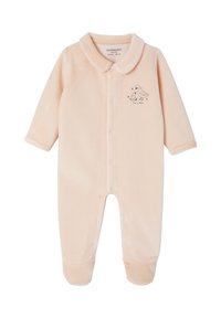 Weiches, pfirsichfarbenes Baby-Body mit Druckknöpfen auf der Vorderseite, langen Ärmeln und einem Entlein-Stickerei auf der Brust.