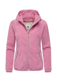 Lyserød jakke med hætte, elastiske manchetter og lommer med lynlås. Fremstillet af blødt materiale med en glat tekstur. Lynlåslukning foran.