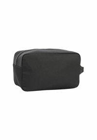 Borsa rettangolare nera realizzata in tessuto resistente, con apertura superiore con zip, manico laterale e una texture liscia con cuciture a contrasto.