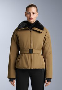 Brown padded jacket with a black faux fur collar, front zipper, belted waist, and side pockets; textured fabric with smooth finish.