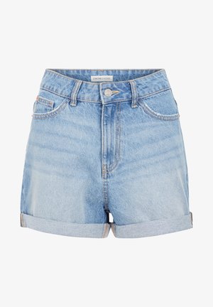 Light blue denim shorts with a rolled cuff, featuring front pockets and a silver button closure. Fabric shows a faded, textured finish.
