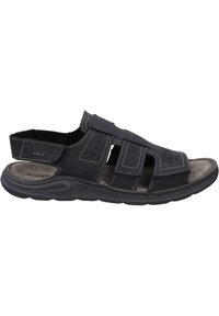Sandal in pelle nera con design aperto, dettagli cuciti e soletta testurizzata. Presenta fasce larghe e una suola in gomma imbottita.