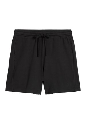 Schwarze Freizeitshorts mit elastischem Bund, Kordelzug und Seitentaschen, flach auf weißem Hintergrund ausgelegt.