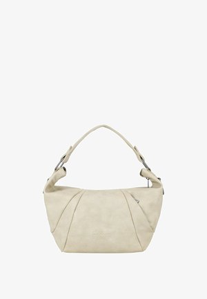 Borsa a mano in pelle beige con una tracolla singola, bordi superiori curvi, pieghe sottili e un piccolo logo impresso al centro anteriore.