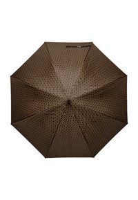 Brun paraply med et mønstret design, der har mørke firkanter på et diamantgitter. Den har et centralt hub og otte ribber til støtte.