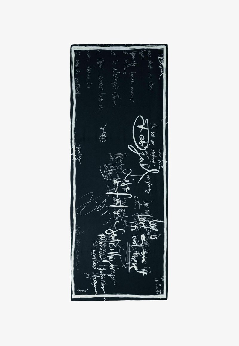 Fekete szövet sál fehér, kézzel írt szöveggel és absztrakt mintákkal, fehér kerettel szegélyezve. Sima textúrájú, téglalap alakú.