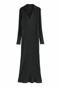 Schwarzes, geripptes Langarmkleid mit V-Ausschnitt und Kragen, das eine figurnahe Silhouette und einen geraden Saum für ein elegantes Erscheinungsbild bietet.