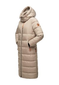 Puffer coat in light beige with a long design, large hood, zip closure, and orange accents. Features side pockets and a quilted texture.