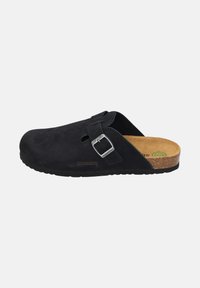Black slip-on clog with adjustable metal buckle, suede upper, cork footbed, and rubber sole, angled side view on a plain background.