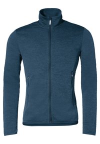 Giacca in pile blu scuro con zip, texture a coste, colletto alto e due tasche laterali. Presenta un logo discreto sulla parte superiore sinistra.