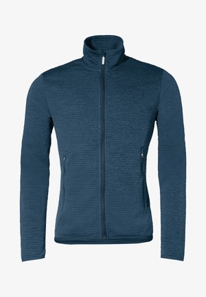 Giacca in pile blu scuro con zip, texture a coste, colletto alto e due tasche laterali. Presenta un logo discreto sulla parte superiore sinistra.