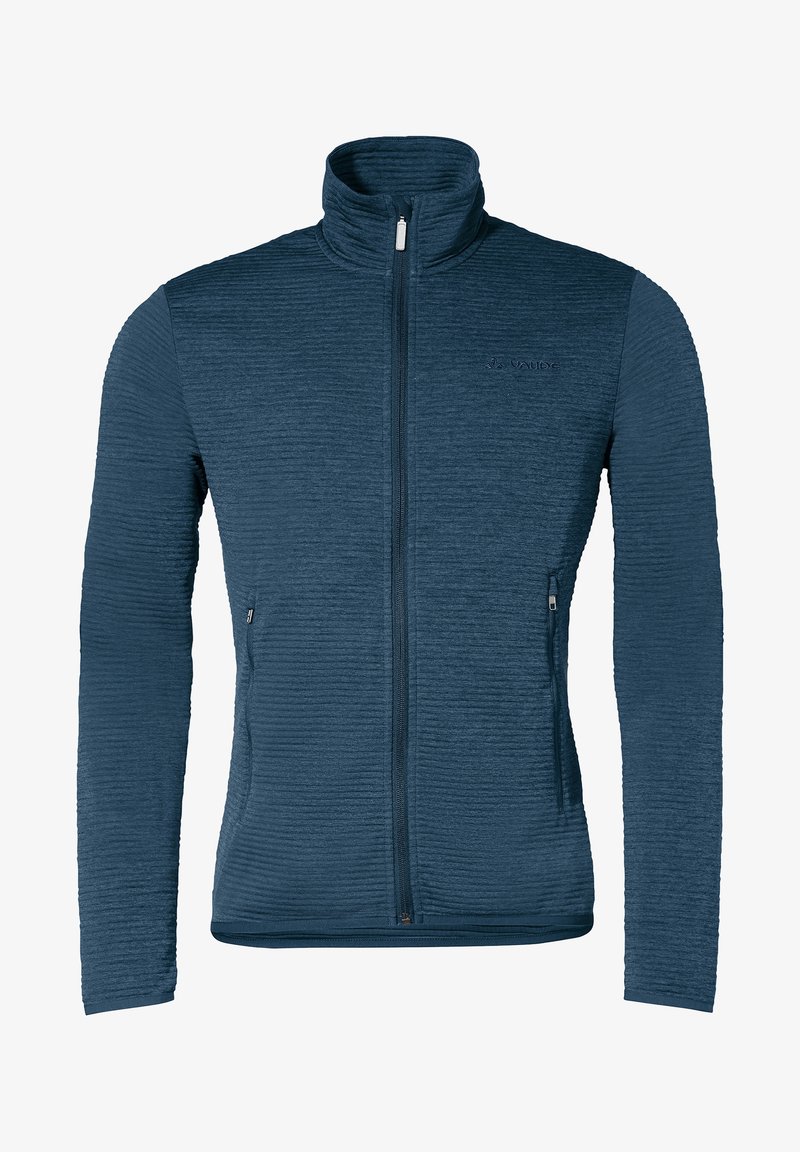 Giacca in pile blu scuro con zip, texture a coste, colletto alto e due tasche laterali. Presenta un logo discreto sulla parte superiore sinistra.