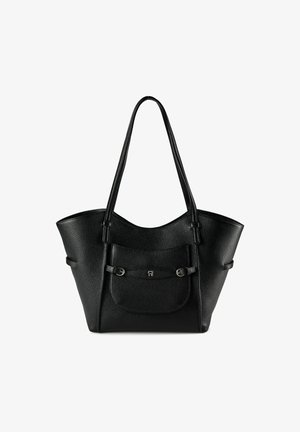 Zwart gestructureerde leren handtas met lange handvatten en een voorvak dat wordt afgesloten met twee kleine gespen en een centraal metalen logo.