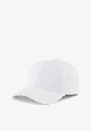 Cappellino da baseball bianco con visiera curva, materiale tessile e logo FALKE in colore chiaro sul pannello frontale. Texture liscia.