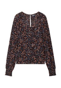 Blusa nera con motivo floreale in rosa e blu. Presenta maniche lunghe arricciate e un'apertura a chiave sul retro con bottone. Tessuto testurizzato.