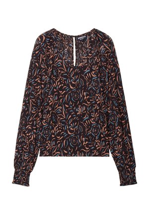 Schwarze Bluse mit floralem Muster in Rosa und Blau. Mit langen, gerafften Ärmeln und einer Schlüssellochöffnung auf der Rückseite mit einem Knopf. Strukturierter Stoff.