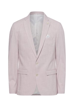 Blazer rose pâle avec une finition texturée, design à un bouton, deux poches avant et un accent de pochette blanche. Les boutons sont de couleur claire.