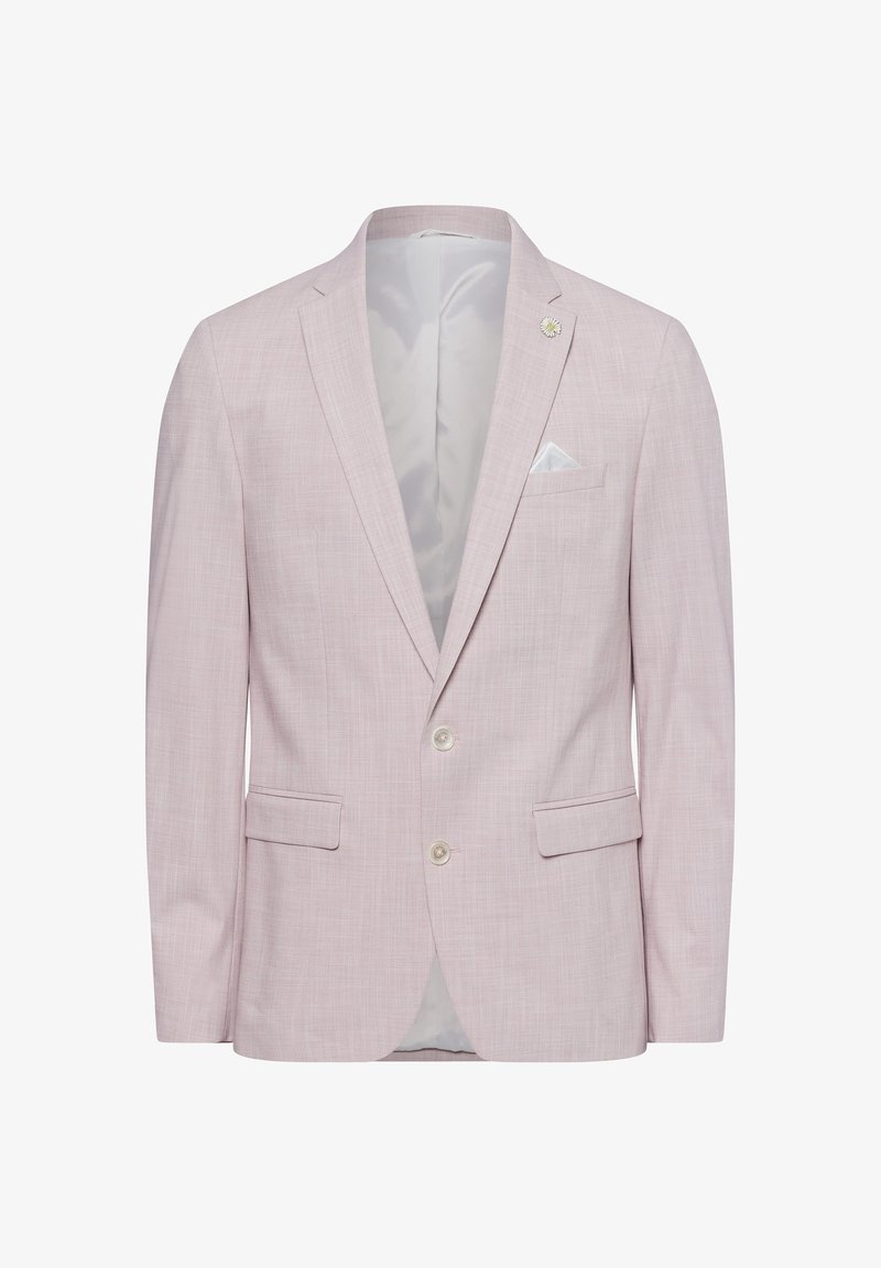 Hellrosa Blazer mit strukturierter Oberfläche, einreihiges Design, zwei frontale Taschen und einem weißen Taschentuchakzent. Die Knöpfe sind hell gefärbt.