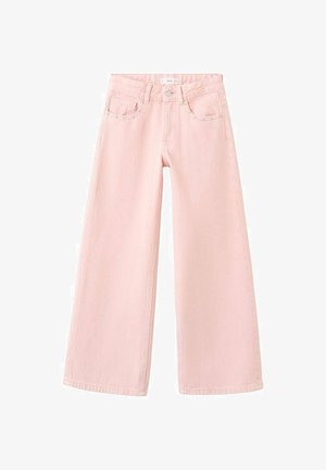 Vaaleanpunaisesta denimistä valmistetut leveälahkeiset farkut. Niissä on viisi taskua, napillinen kiinnitys ja vyölenkit. Sileä pinta ja rento istuvuus.