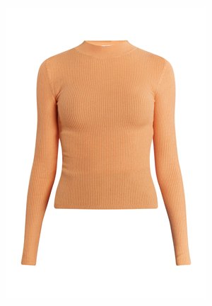 Top a maniche lunghe a costine in morbido tessuto color pesca-arancio, con scollatura alta e silhouette aderente. La texture è liscia e elasticizzata.