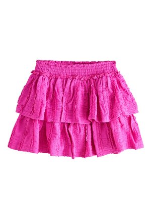 Neónovo ružová, vrstvená volánová sukňa s textúrovanou látkou a elastickým pásom.