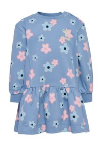 Långärmad blå klänning med en vid nederkant, prydd med rosa och ljusblå blommönster samt en liten logotyp på bröstet.