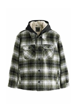 Giacca a quadri con un motivo verde, nero e bianco, dotata di cappuccio nero e foderata in sherpa. Include due tasche sul petto e bottoni frontali.