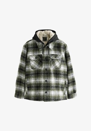 Ruuduline jakk rohelise, musta ja valge mustriga, musta kapuutsiga ja sherpa voodriga. Sisaldab kahte rinnataskut ja esimesi nuppe.