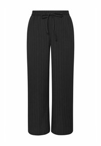 Czarne spodnie szerokie u dołu, wykonane z teksturowanej tkaniny z delikatnym wzorem pionowych pasków, z elastycznym paskiem z bawełnianym sznurkiem w talii.
