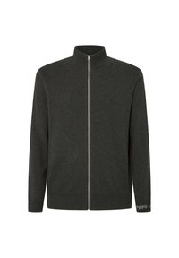 Mörkgrå zippered jacka med hög krage, långa ärmar, ribbade muddarmar och en märkessymbol på ärmen. Slät textur, avslappnad design.