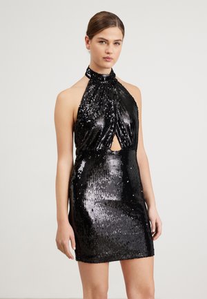 Black sequined halter neck dress featuring a keyhole cutout, shiny texture, and form-fitting silhouette, reaching mid-thigh.