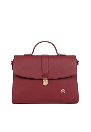 Strukturalna bordowa skórzana torebka z górnym uchwytem, złotym zapięciem i małym okrągłym logo w dolnym prawym rogu.