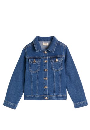 Veste en denim bleu foncé, avec un devant boutonné, deux poches poitrine et un col classique. Détails cousus le long des coutures et des poignets.