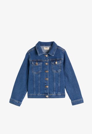 Chaquetón de denim en azul oscuro, con un cierre frontal de botones, dos bolsillos en el pecho y un collar clásico. Detalles de costura a lo largo de las costuras y los puños.