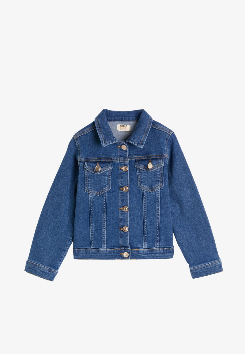 Tummansininen farkkutakki, jossa on napitus edessä, kaksi rintataskua ja klassinen kaulus. Väriompelut saumoissa ja hihansuissa.