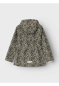 Veste imprimée léopard avec capuche, dotée d'une taille à cordon de serrage, de poignets élastiques et d'une texture lisse. Les couleurs incluent le beige, le noir et le marron.