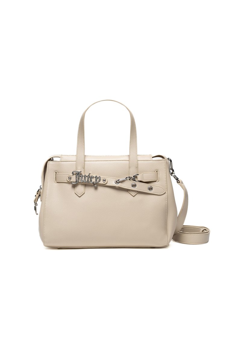 Beżowa skórzana torebka z podwójnymi uchwytami u góry, regulowanym paskiem na ramię, detalem z logo z przodu oraz srebrnymi akcentami.