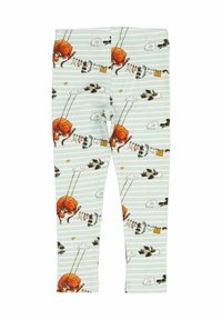 Leggings gjorda av mjukt tyg med en ljusgrön bakgrund, prydda med ett lekfullt mönster av djur, moln och tvätt på en tvättlina.