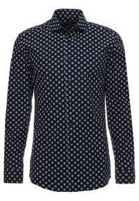 Marineblauw overhemd met knopen, witte gestructureerde polkadots, lange mouwen, klassieke kraag en knoopsluiting aan de voorkant.