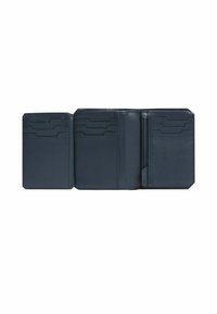 Marineblaues Lederportemonnaie mit mehreren Kartenfächern, Innenfach mit Reißverschluss, glatter Oberfläche und eckigem Design.