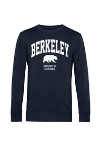 Felpa blu navy in cotone, con colletto a girocollo, maniche lunghe e grande testo bianco: "BERKELEY" e "UNIVERSITY OF CALIFORNIA" con un grafico di un orso.