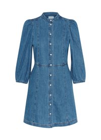 Denim dress with a round collar, long puff sleeves, and a button-down front. Features a fitted waist and a flared skirt. Light blue color.