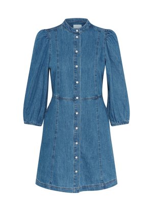 Denim kleit ümmarguse kraega, pikkade puffvarrukatega ja kinnitatud esiosaga. Omab kindlat taljet ja laienevat seelikuosa. Heleda sinise värviga.