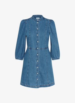 Rochie din denim cu guler rotund, mâneci lungi tip puff și închidere prin butoni. Are o talie strânsă și o fustă evazată. Culoare albastru deschis.